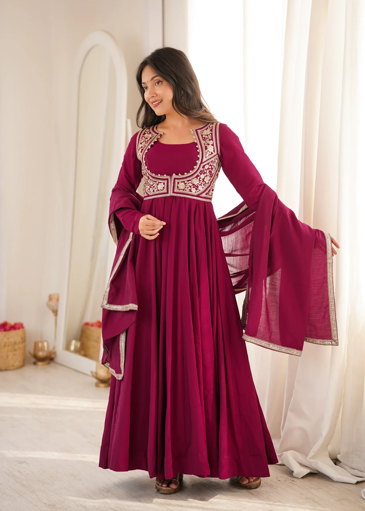 Premium Pure Romansilk Chanderi Anarkali Gown Set with Jacket, Dupatta & Pant in Rani Pink — photo 8 of 9
