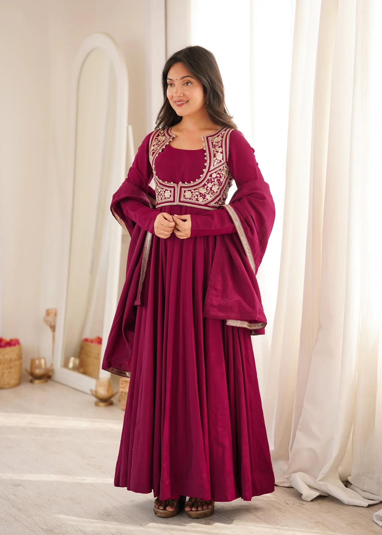 Premium Pure Romansilk Chanderi Anarkali Gown Set with Jacket, Dupatta & Pant in Rani Pink — photo 9 of 9