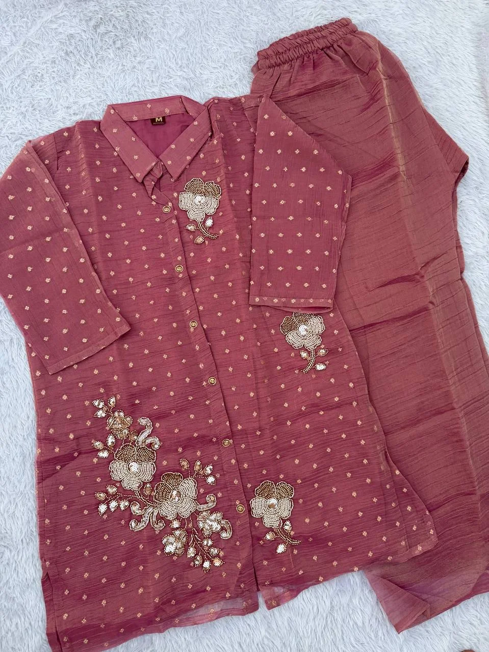 Women's Salsa Butti Top Pant Set with Heavy Beads Work in Onion Pink — photo 3 of 4
