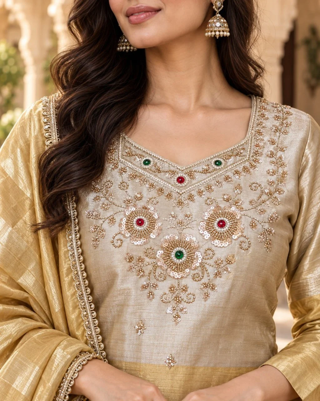Women's Pure Banarasi Viscose Top Palazzo Set with Beads & Stone Work in Champagne — photo 2 of 4