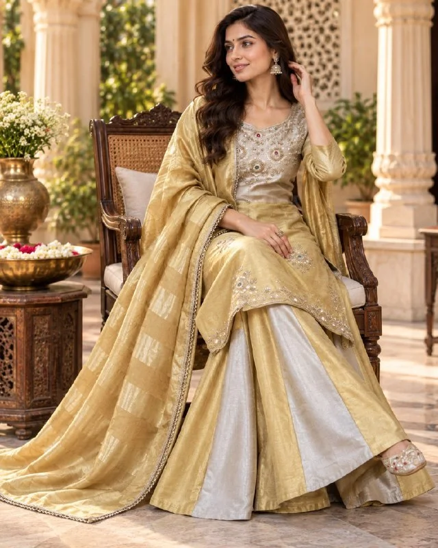 Women's Pure Banarasi Viscose Top Palazzo Set with Beads & Stone Work in Champagne — photo 3 of 4