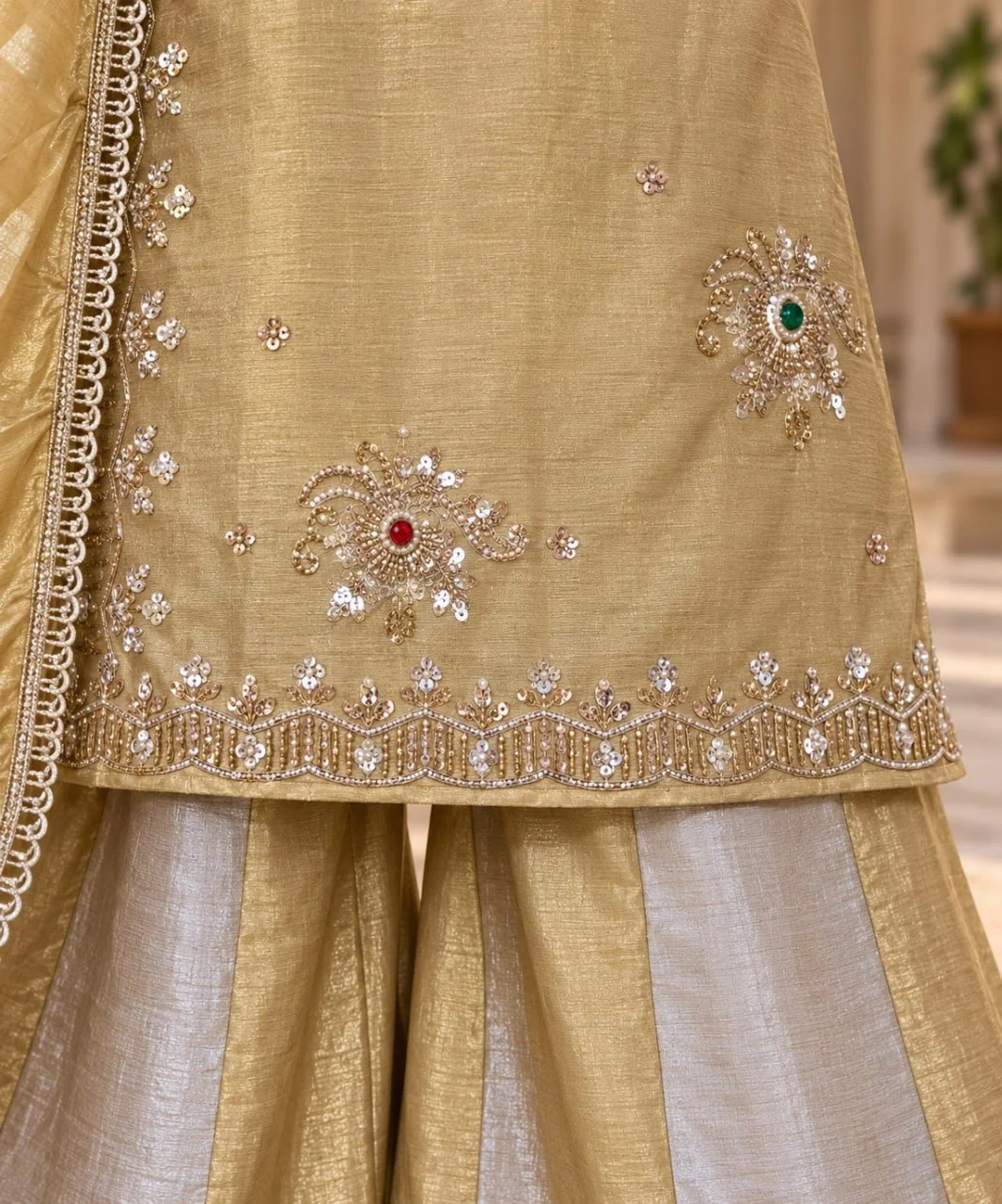 Women's Pure Banarasi Viscose Top Palazzo Set with Beads & Stone Work in Champagne — photo 4 of 4