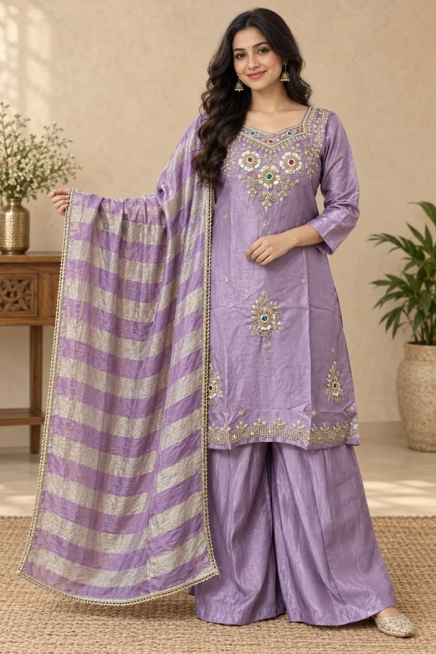 Women's Glass Silk Top Palazzo Set with Beads & Stone Work in Lavender — photo 2 of 4