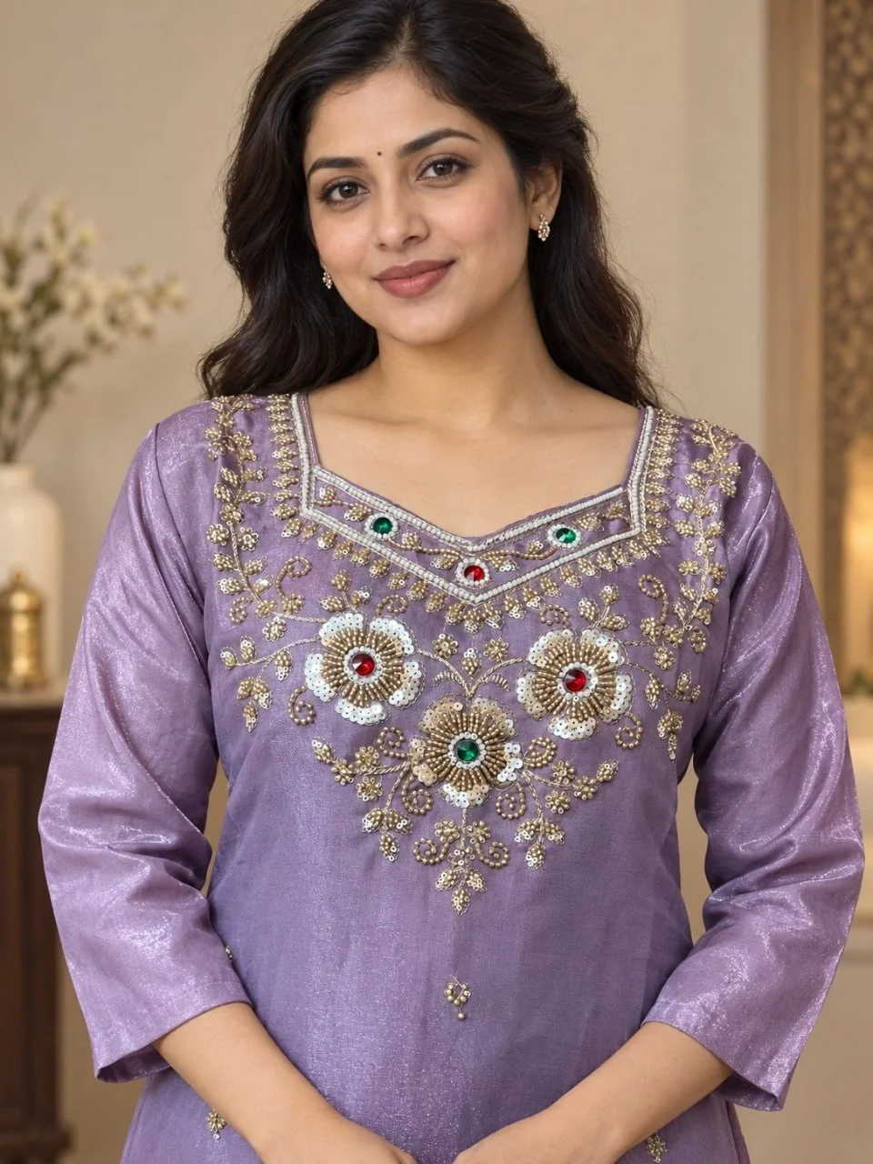 Women's Glass Silk Top Palazzo Set with Beads & Stone Work in Lavender — photo 3 of 4