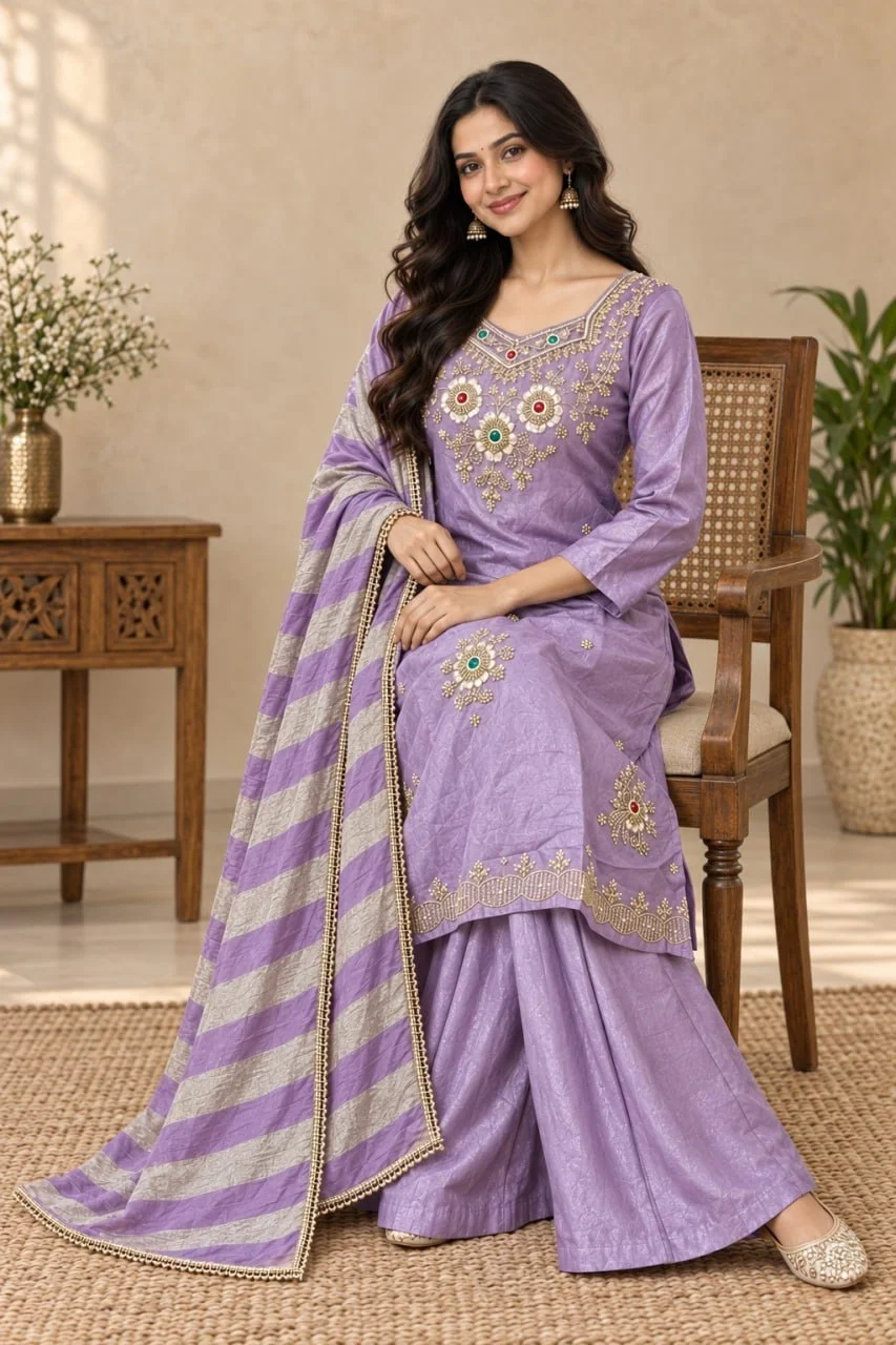 Women's Glass Silk Top Palazzo Set with Beads & Stone Work in Lavender — photo 4 of 4