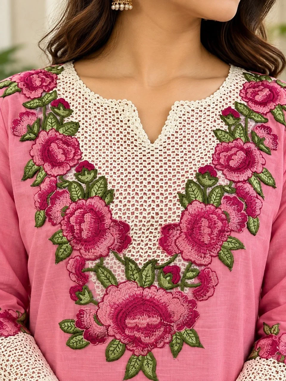 Women's Rayon Slub Top Pant Set with Multi Embroidery Thread Work in Pink — photo 3 of 5