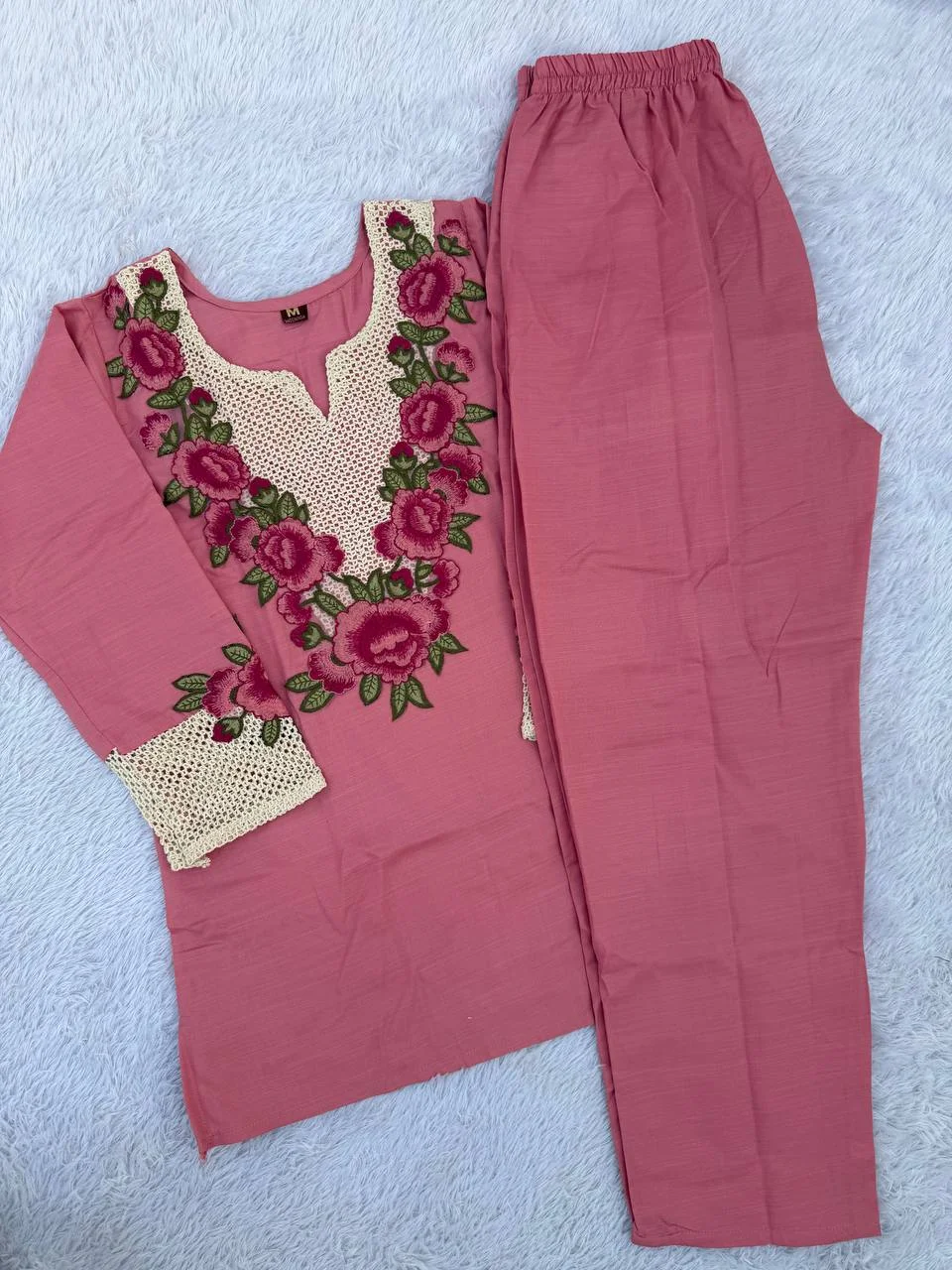 Women's Rayon Slub Top Pant Set with Multi Embroidery Thread Work in Pink — photo 4 of 5
