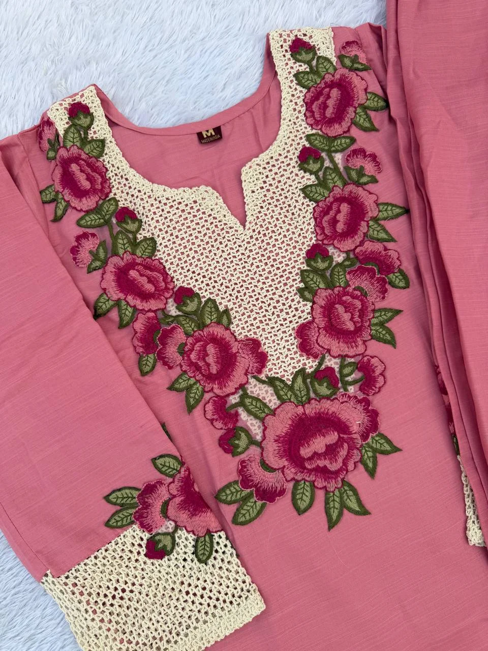 Women's Rayon Slub Top Pant Set with Multi Embroidery Thread Work in Pink — photo 5 of 5