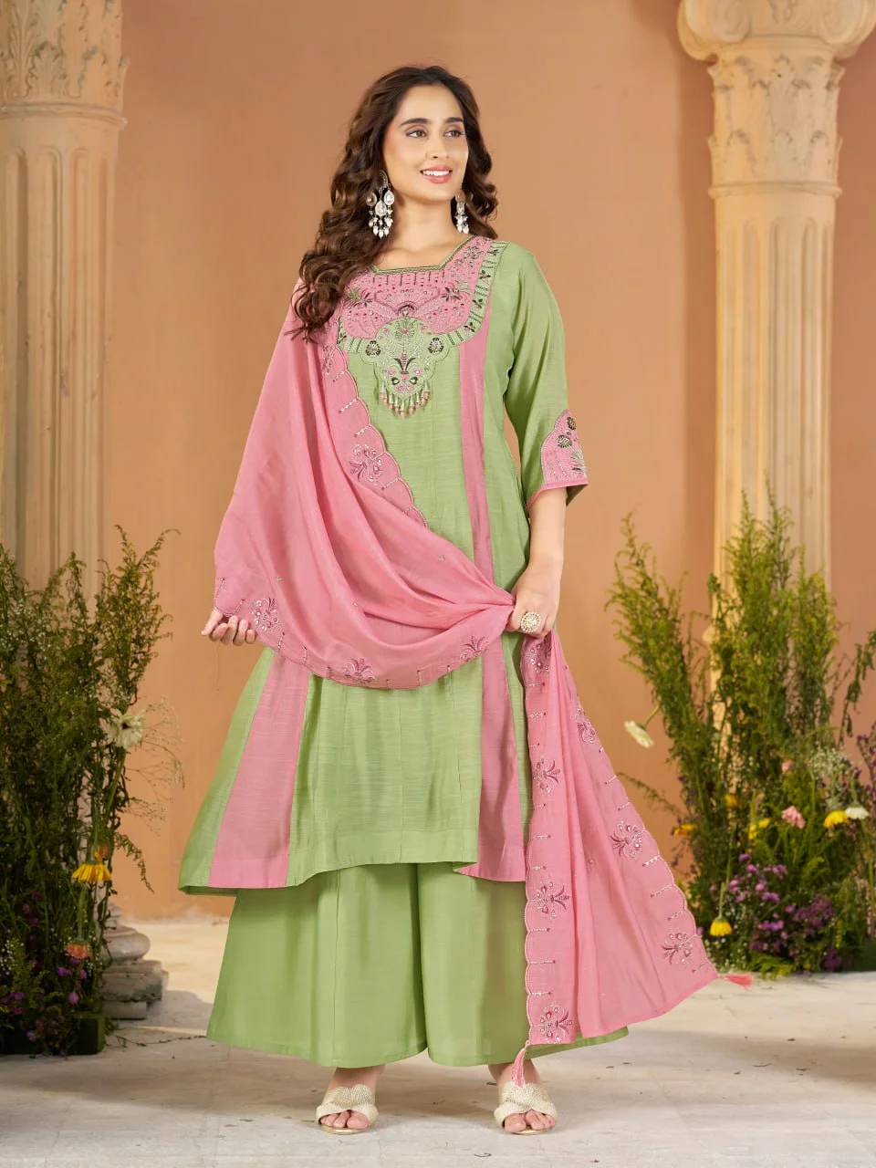 Women's Mal Chanderi Anarkali Kurti Palazzo Set with Dupatta in Mint Green — photo 2 of 7
