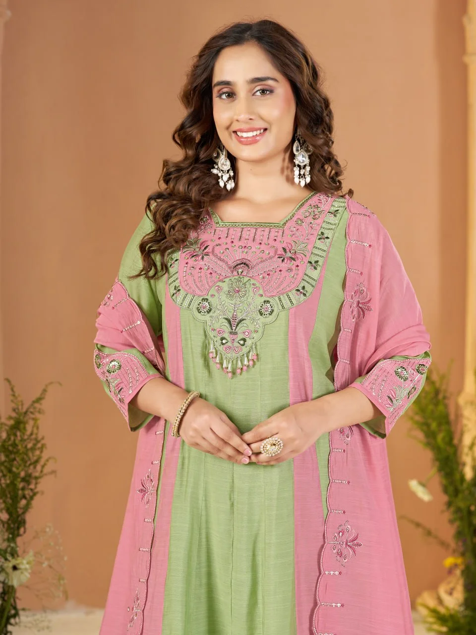 Women's Mal Chanderi Anarkali Kurti Palazzo Set with Dupatta in Mint Green — photo 3 of 7