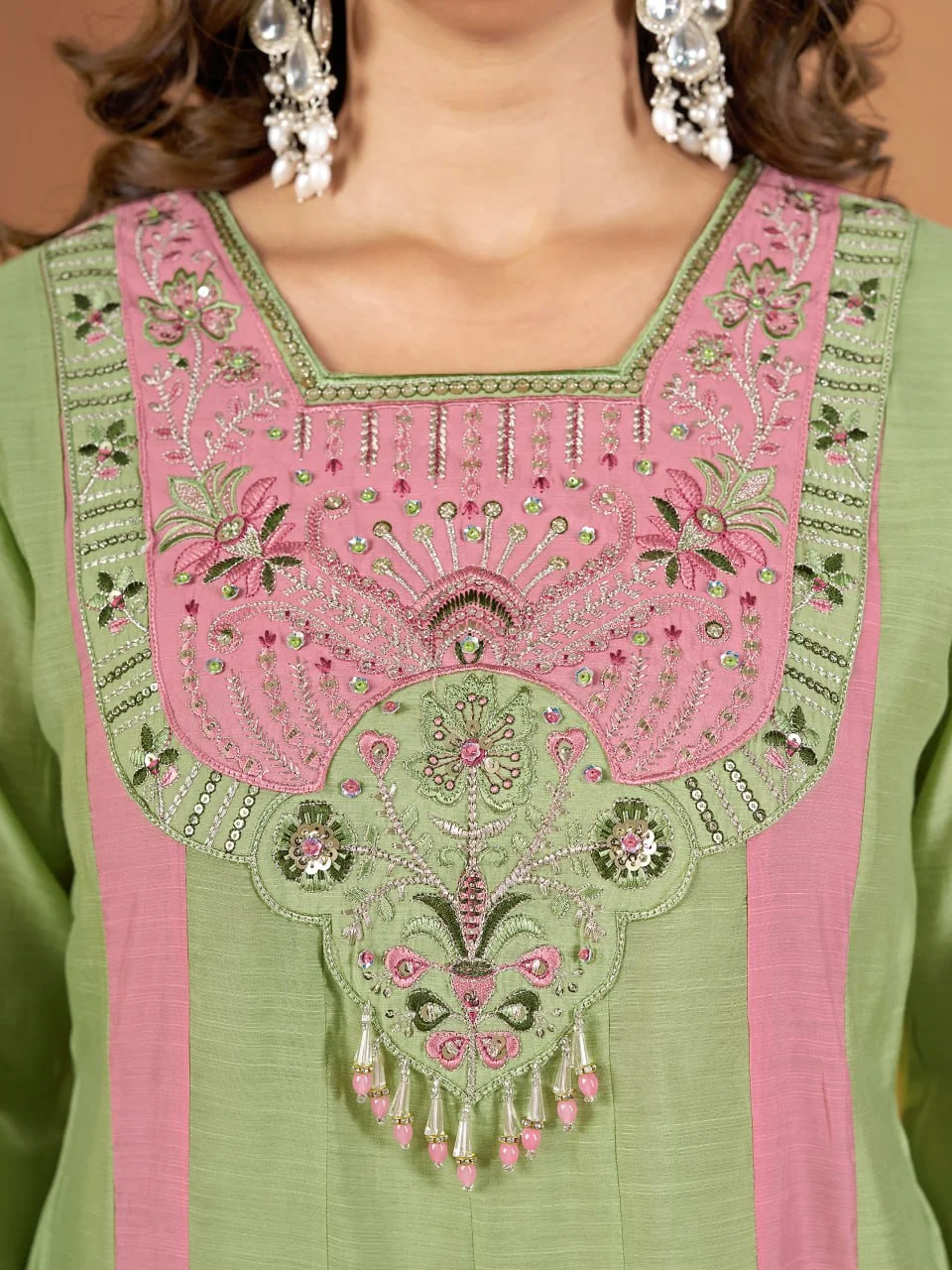 Women's Mal Chanderi Anarkali Kurti Palazzo Set with Dupatta in Mint Green — photo 4 of 7