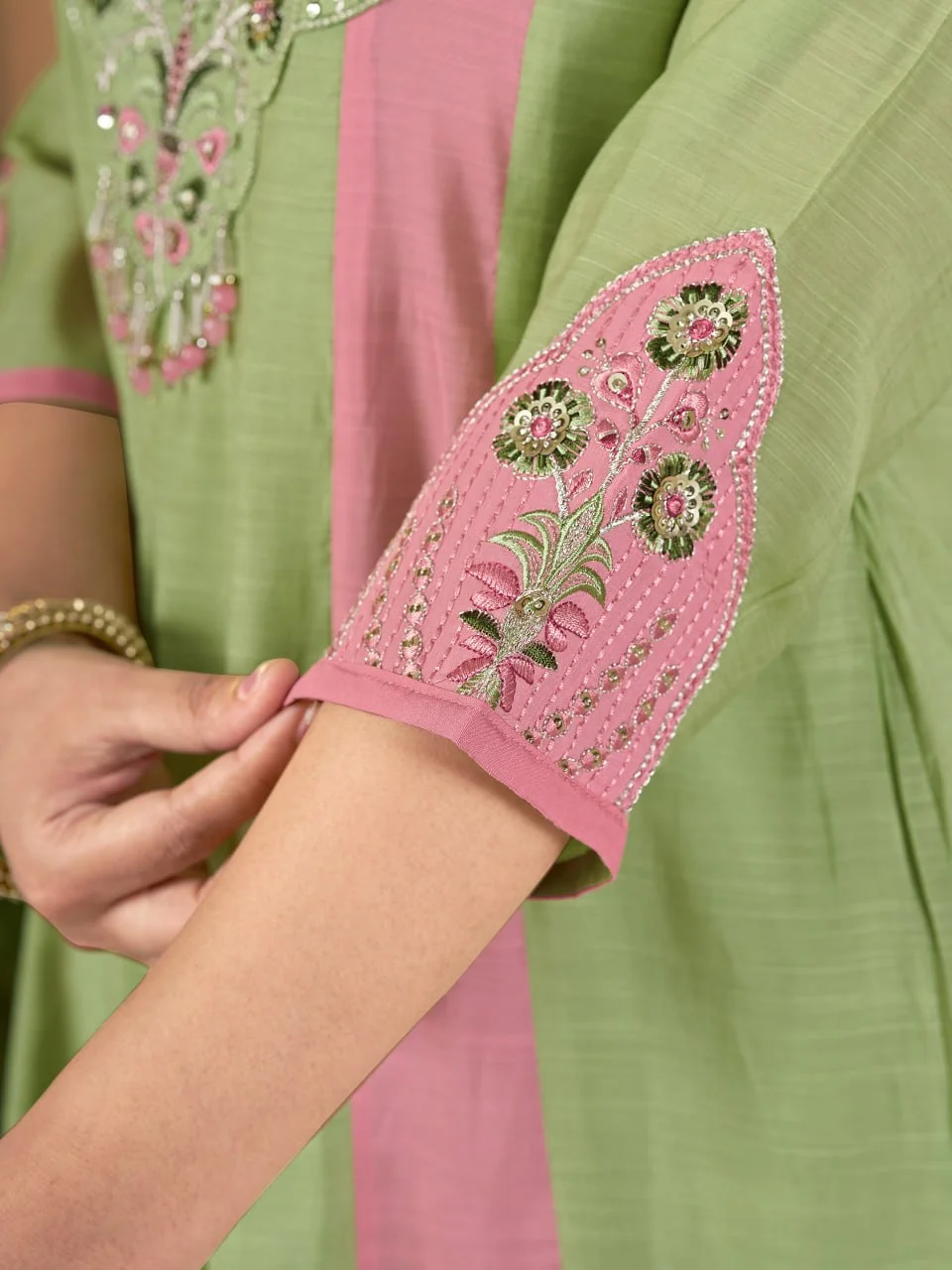 Women's Mal Chanderi Anarkali Kurti Palazzo Set with Dupatta in Mint Green — photo 5 of 7