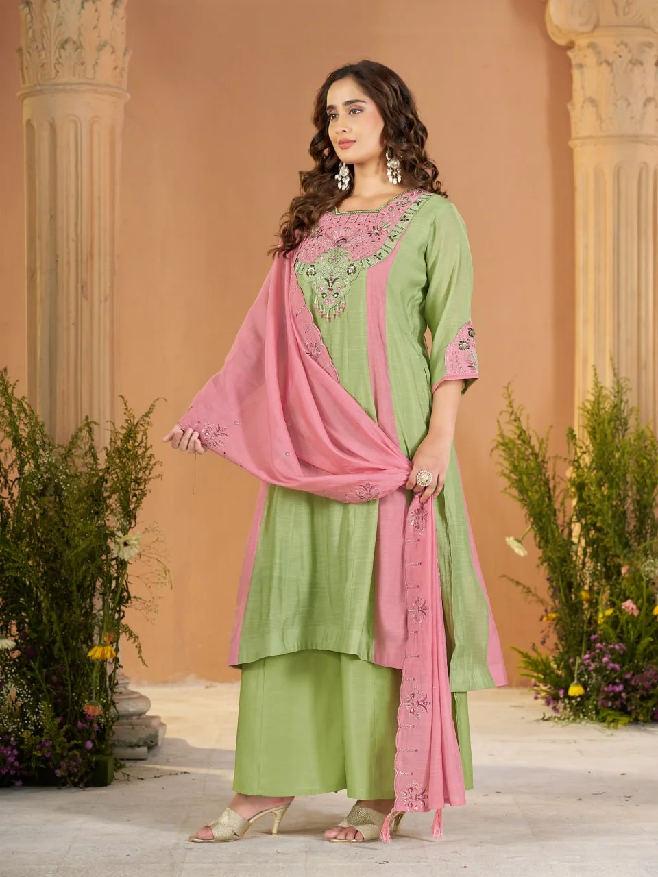 Women's Mal Chanderi Anarkali Kurti Palazzo Set with Dupatta in Mint Green — photo 6 of 7