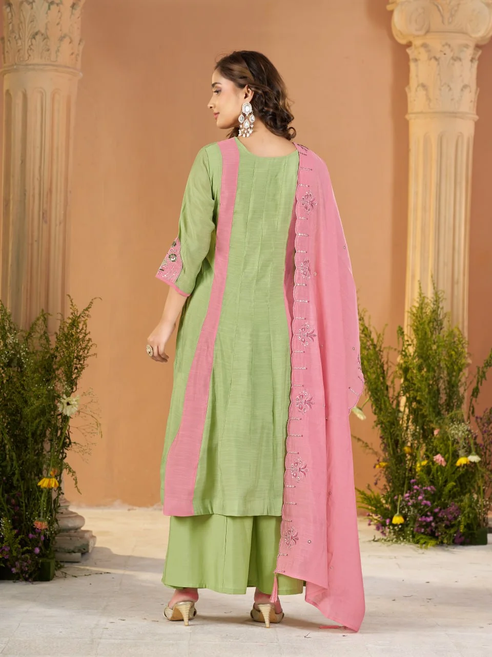 Women's Mal Chanderi Anarkali Kurti Palazzo Set with Dupatta in Mint Green — photo 7 of 7