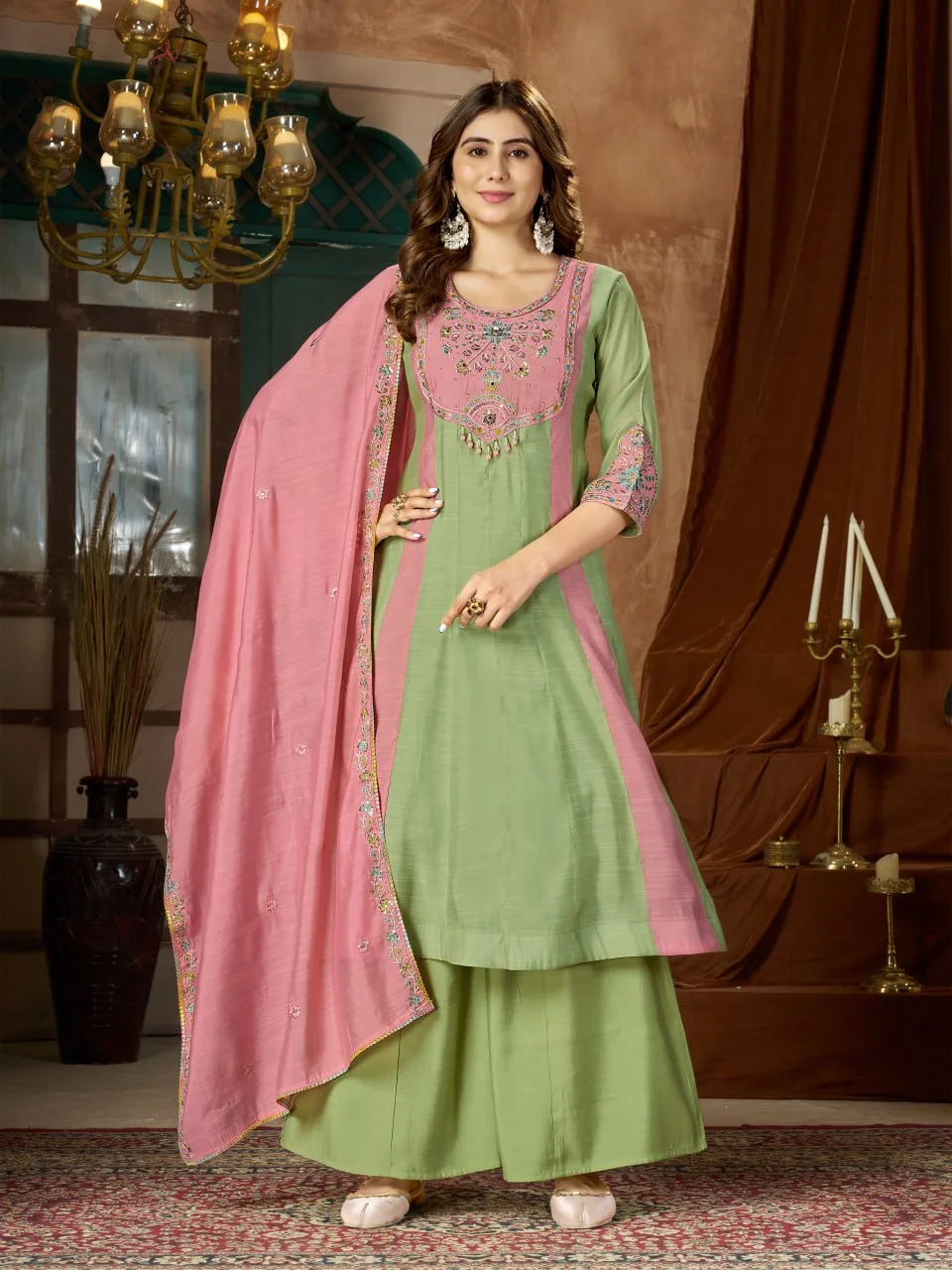 Women's Mal Chanderi Anarkali Kurti Palazzo Set with Dupatta in Mint Green — photo 2 of 7
