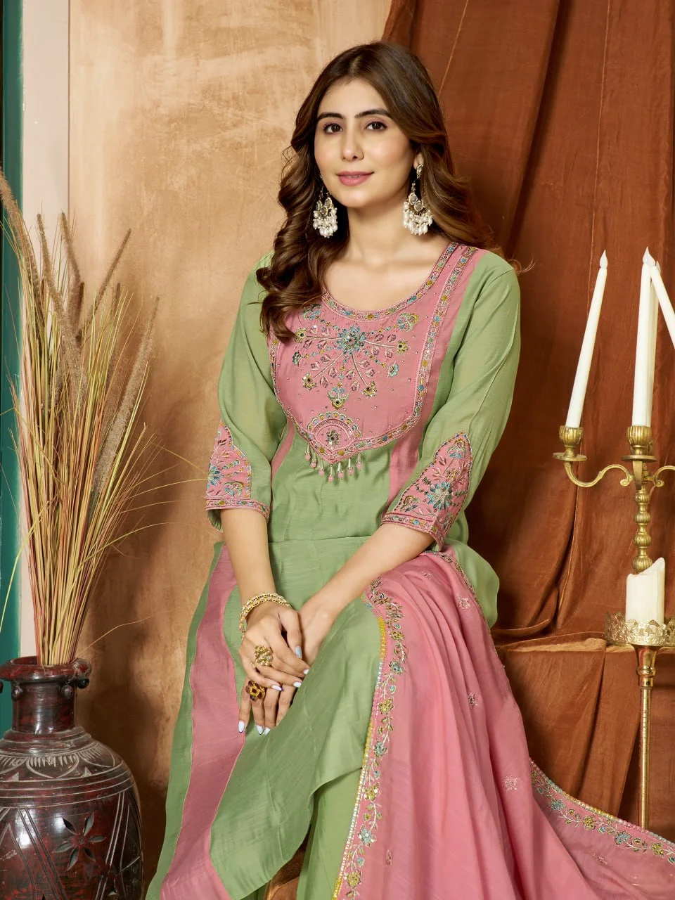 Women's Mal Chanderi Anarkali Kurti Palazzo Set with Dupatta in Mint Green — photo 3 of 7