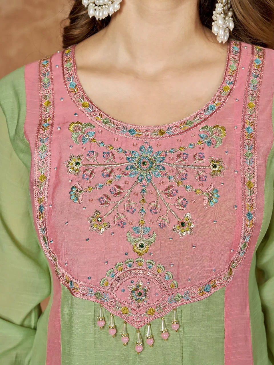 Women's Mal Chanderi Anarkali Kurti Palazzo Set with Dupatta in Mint Green — photo 4 of 7