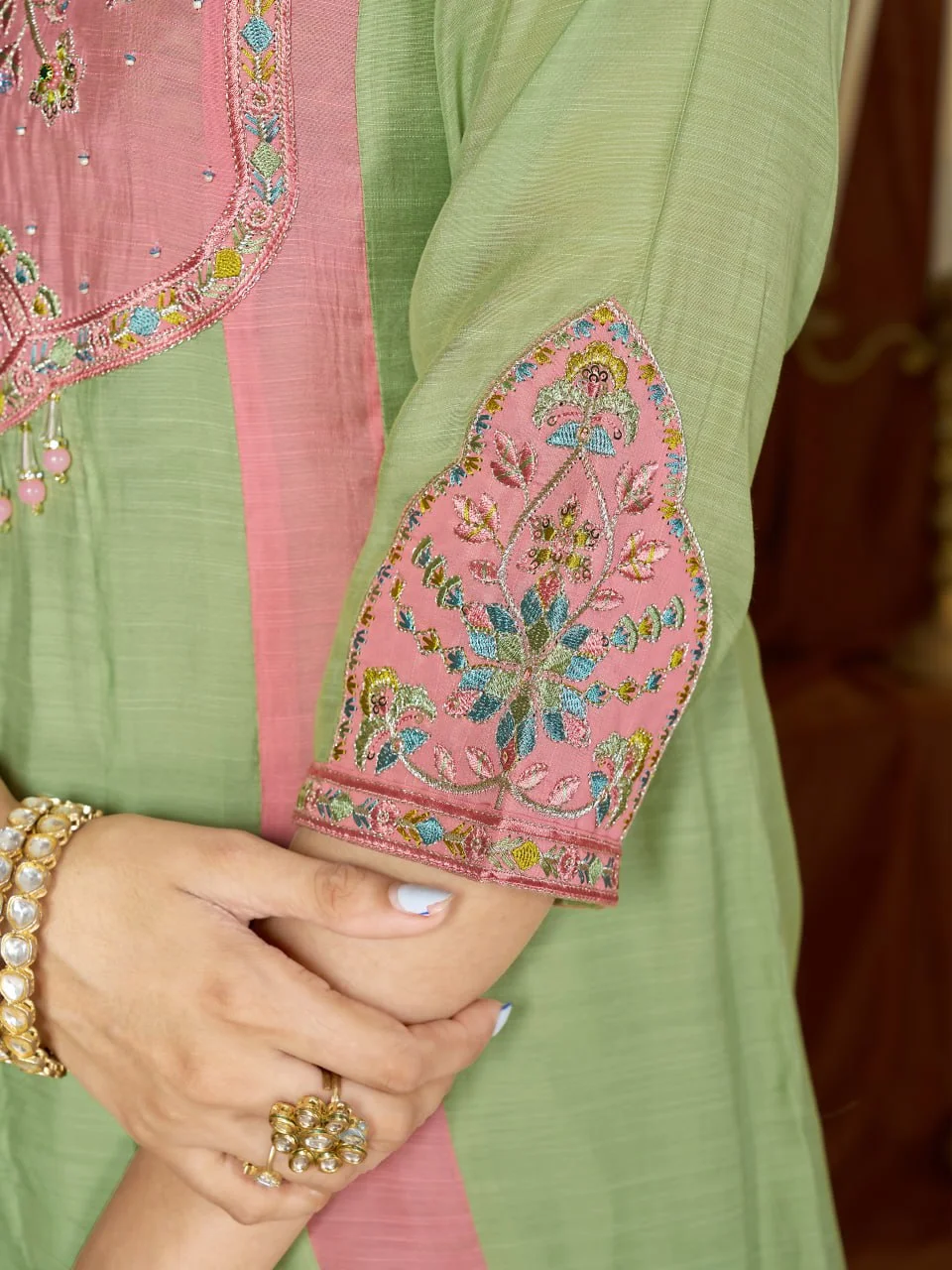 Women's Mal Chanderi Anarkali Kurti Palazzo Set with Dupatta in Mint Green — photo 5 of 7
