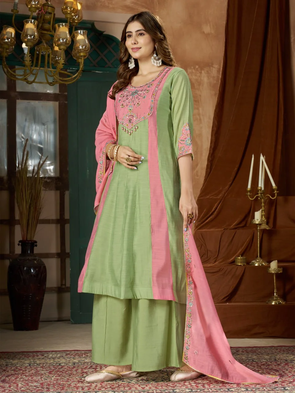 Women's Mal Chanderi Anarkali Kurti Palazzo Set with Dupatta in Mint Green — photo 6 of 7