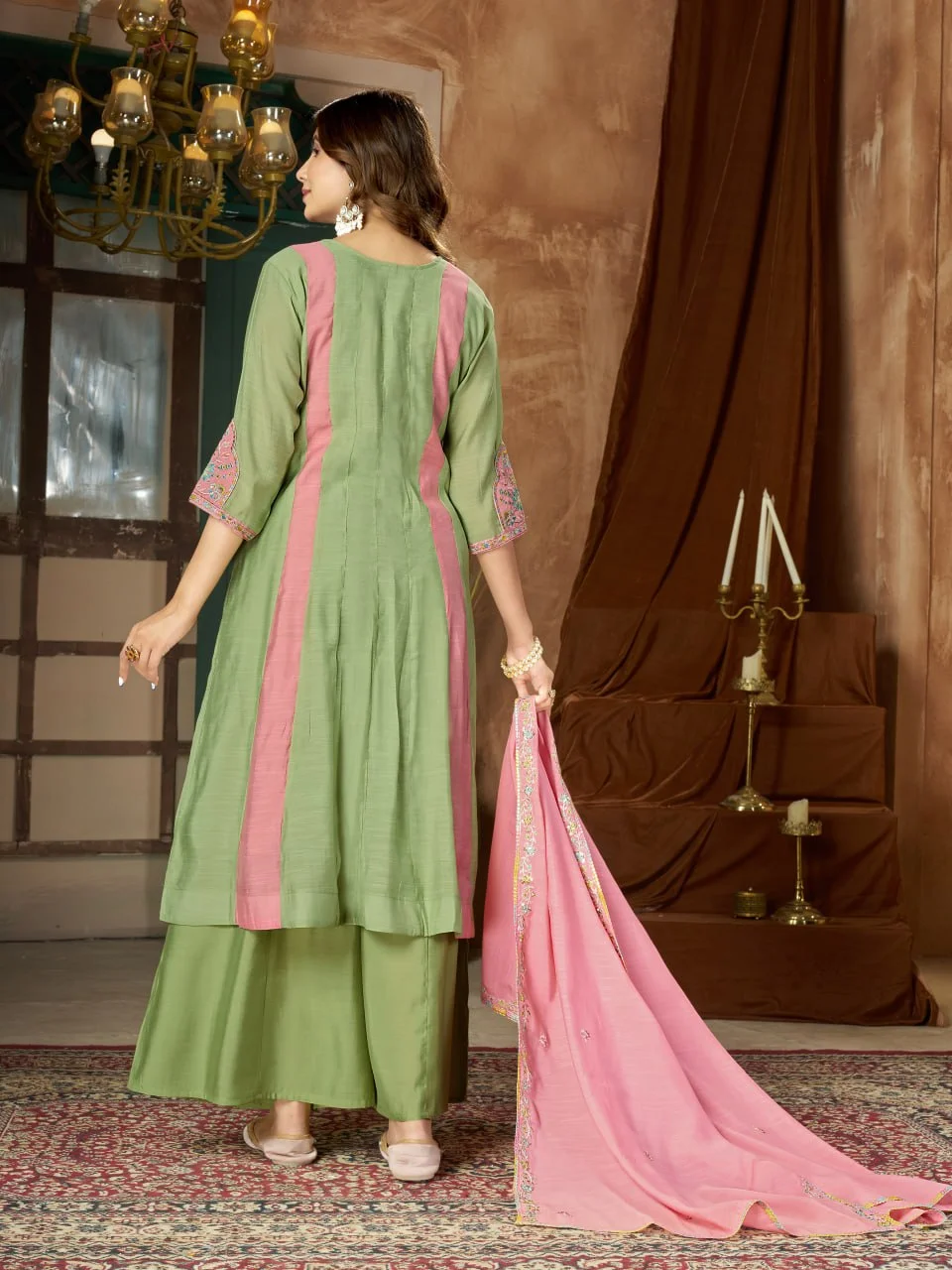 Women's Mal Chanderi Anarkali Kurti Palazzo Set with Dupatta in Mint Green — photo 7 of 7