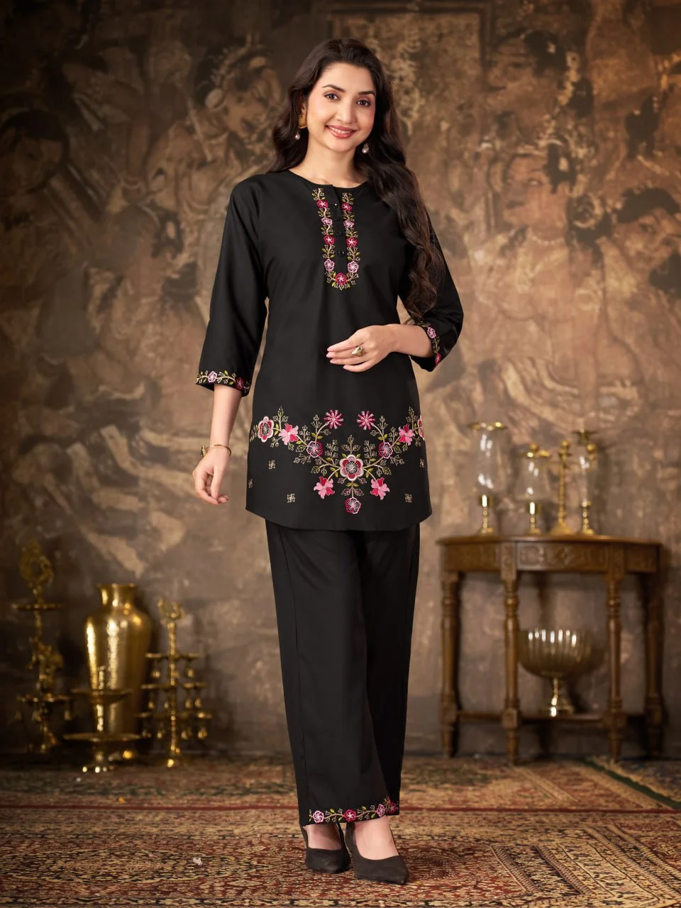 Women's Heavy Rayon Co-Ord Set with Multi Embroidery Thread & Hand Work in Black — photo 2 of 8
