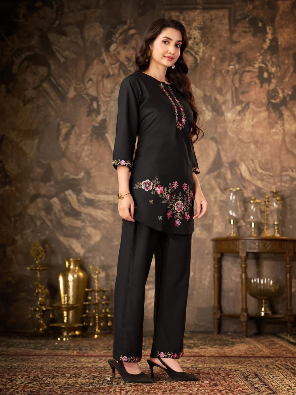 Women's Heavy Rayon Co-Ord Set with Multi Embroidery Thread & Hand Work in Black — photo 6 of 8
