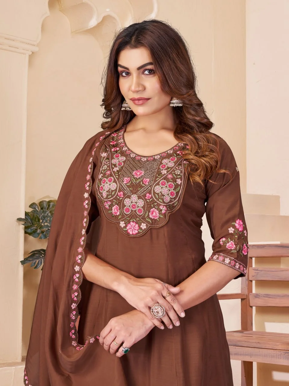 Premium Mal Chanderi Anarkali Kurti Palazzo Set for Women in Brown — photo 3 of 4