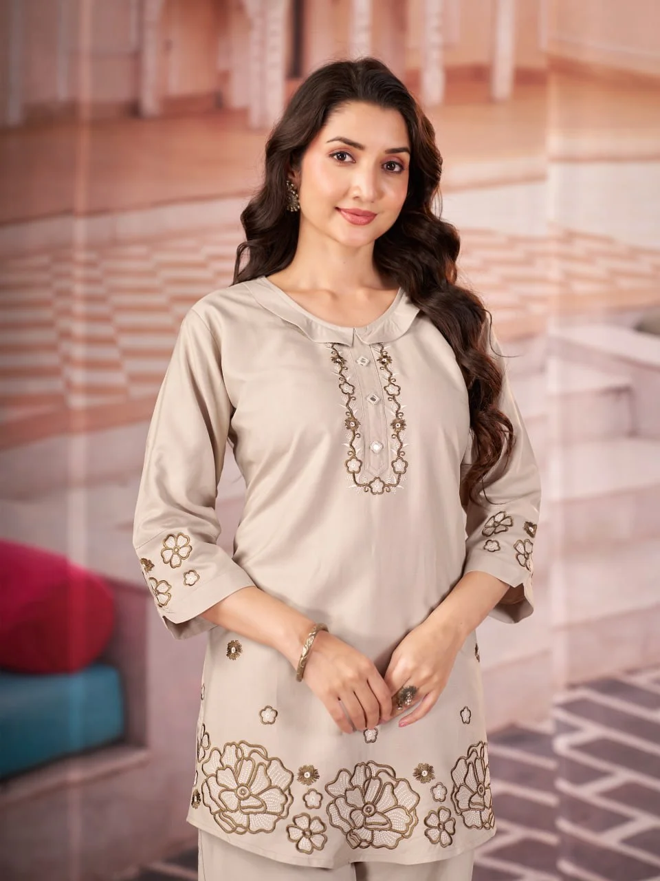 Women's Heavy Rayon Embroidered Top Pant Set in Off White — photo 3 of 8