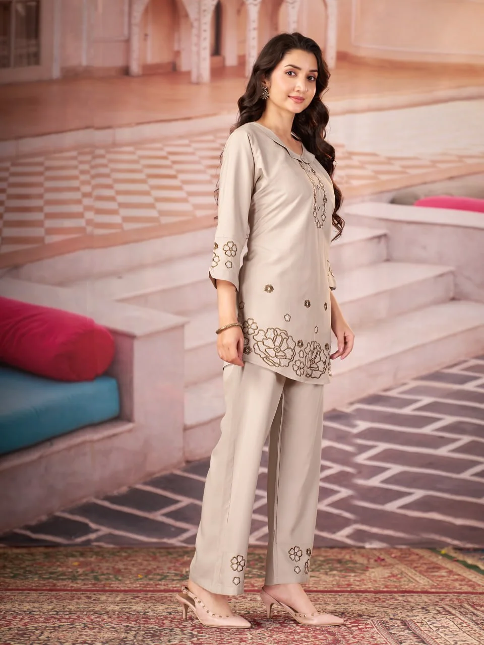 Women's Heavy Rayon Embroidered Top Pant Set in Off White — photo 5 of 8