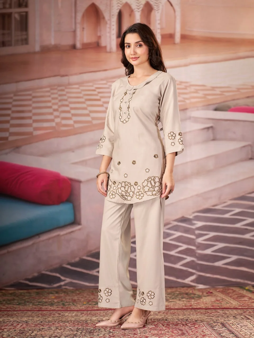 Women's Heavy Rayon Embroidered Top Pant Set in Off White — photo 6 of 8