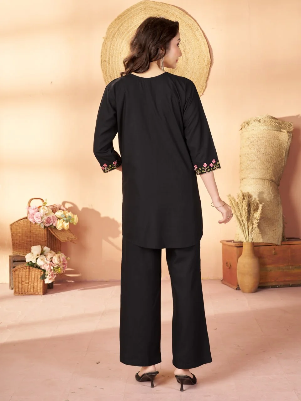 Women's Heavy Rayon Embroidered Co-Ord Set in Black — photo 2 of 9