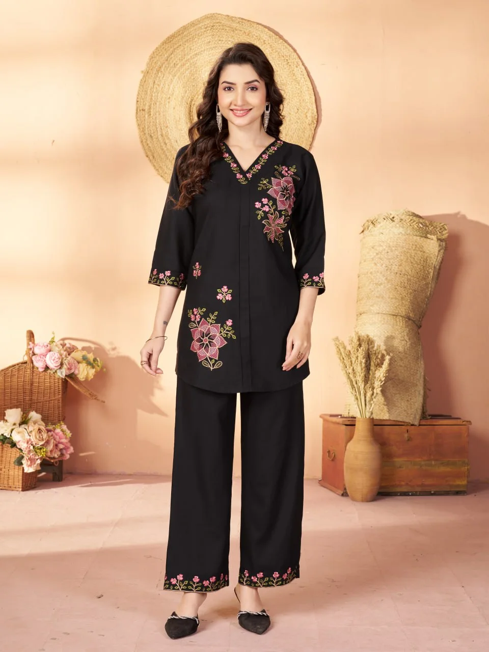 Women's Heavy Rayon Embroidered Co-Ord Set in Black — photo 3 of 9