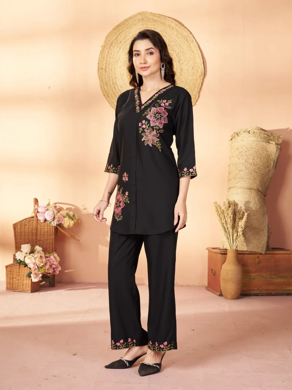 Women's Heavy Rayon Embroidered Co-Ord Set in Black — photo 4 of 9