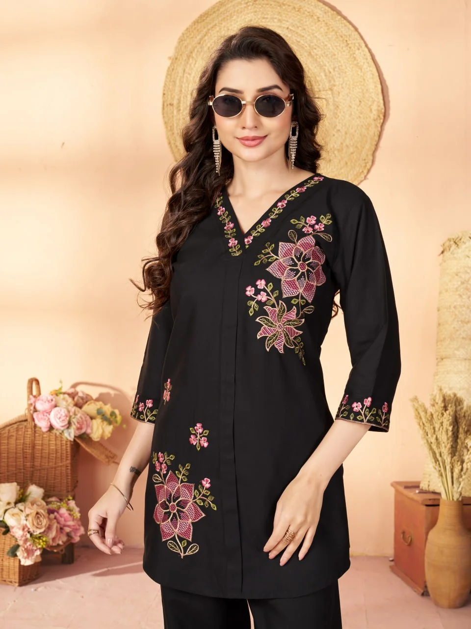 Women's Heavy Rayon Embroidered Co-Ord Set in Black — photo 5 of 9
