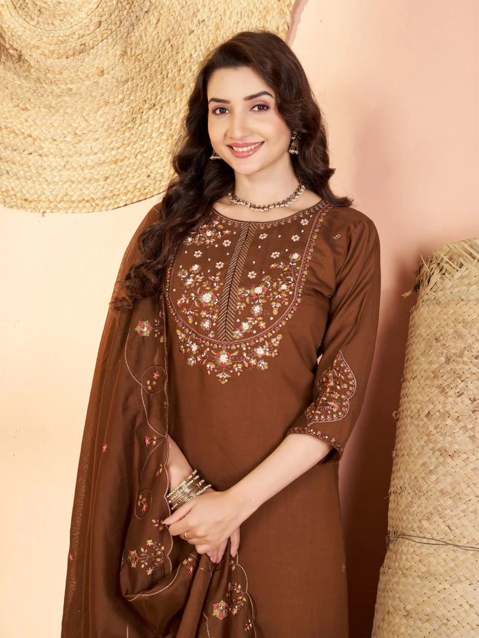 Women's Marina Silk Kurti Pant Set with Maslin Dupatta in Brown — photo 3 of 8