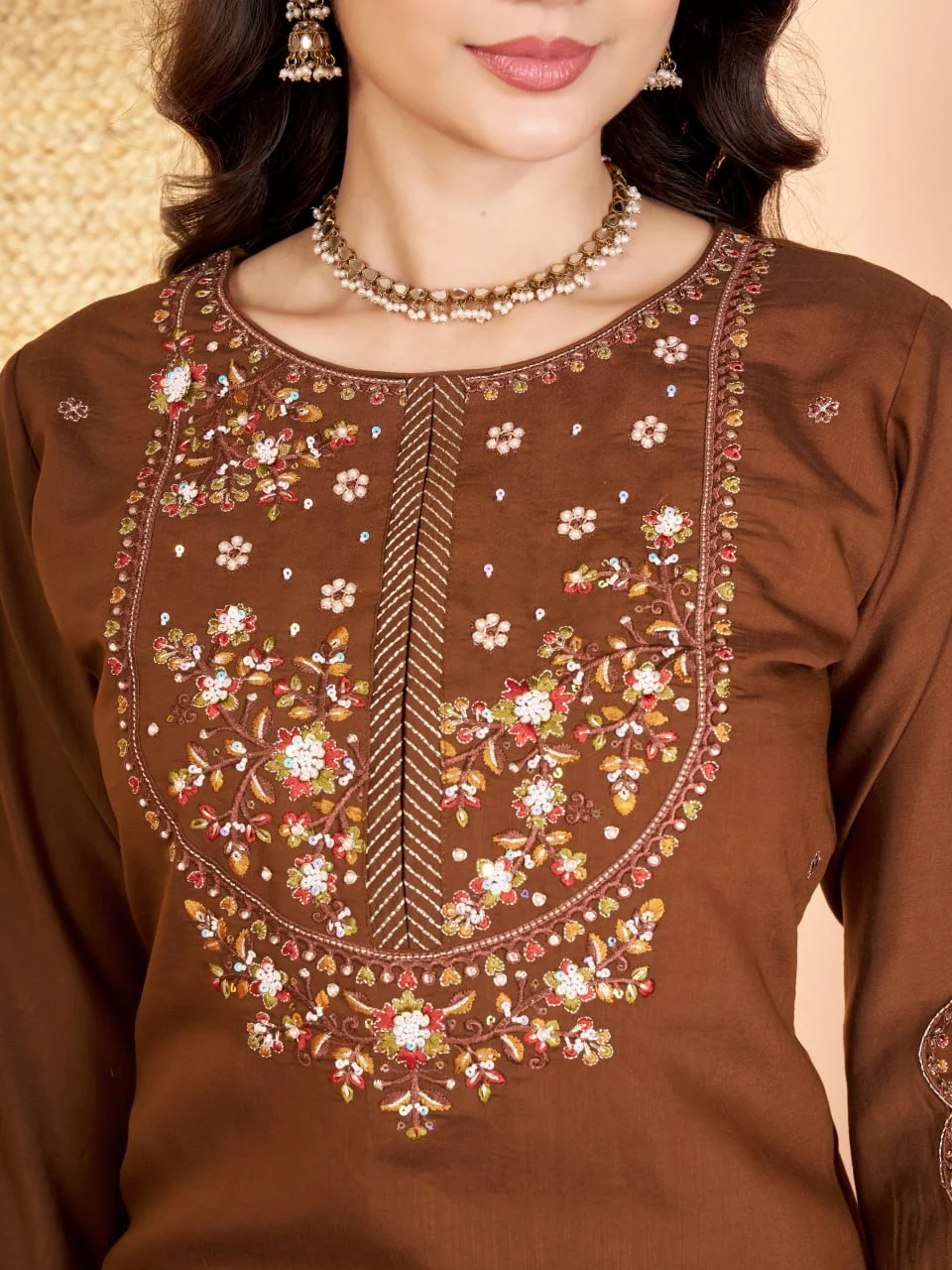 Women's Marina Silk Kurti Pant Set with Maslin Dupatta in Brown — photo 4 of 8