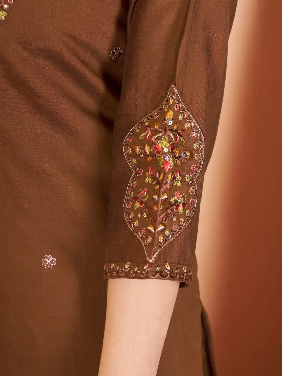 Women's Marina Silk Kurti Pant Set with Maslin Dupatta in Brown — photo 5 of 8
