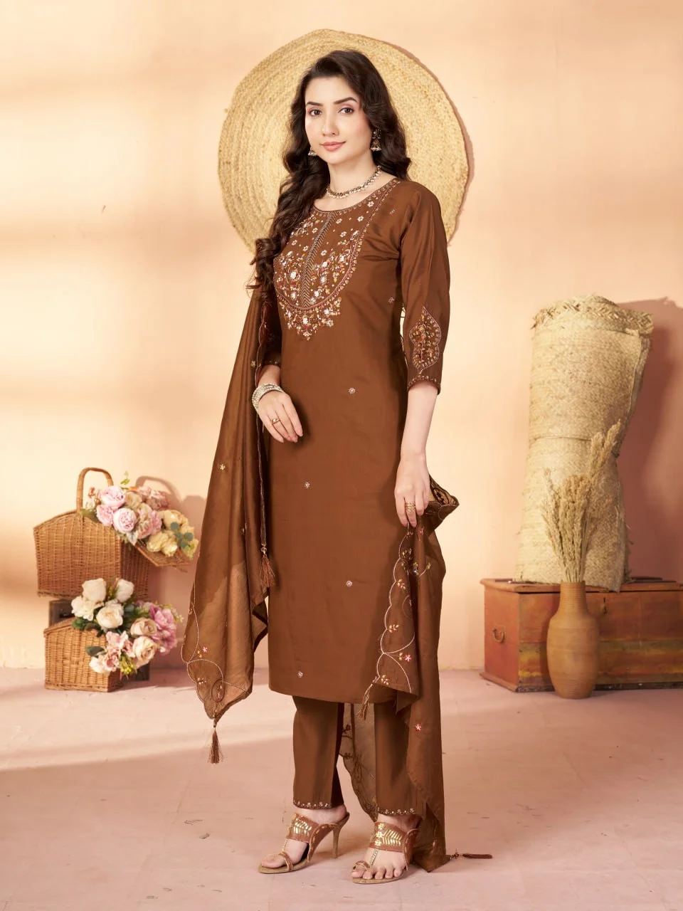 Women's Marina Silk Kurti Pant Set with Maslin Dupatta in Brown — photo 6 of 8
