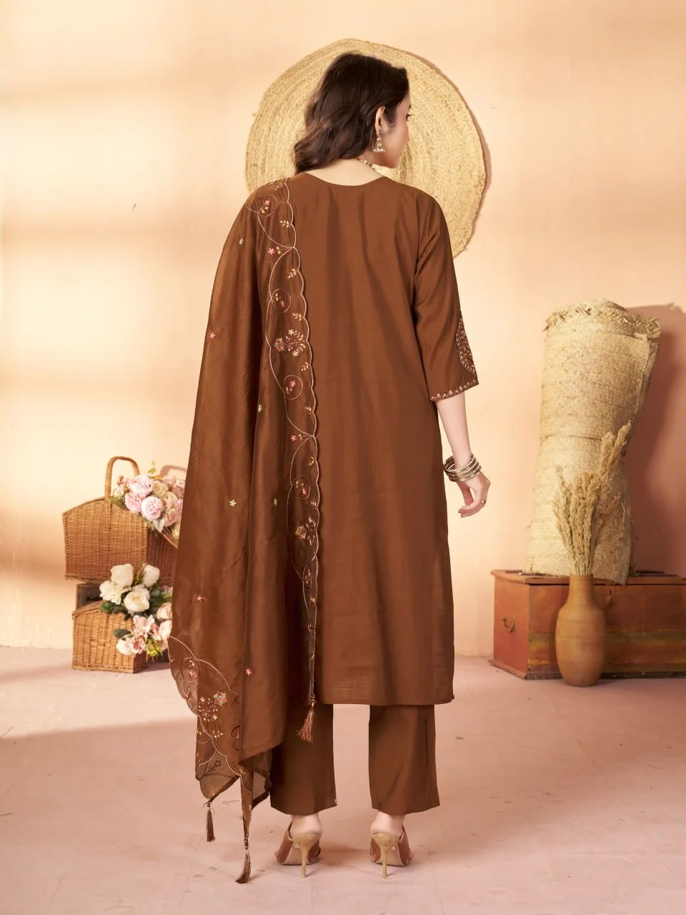 Women's Marina Silk Kurti Pant Set with Maslin Dupatta in Brown — photo 7 of 8