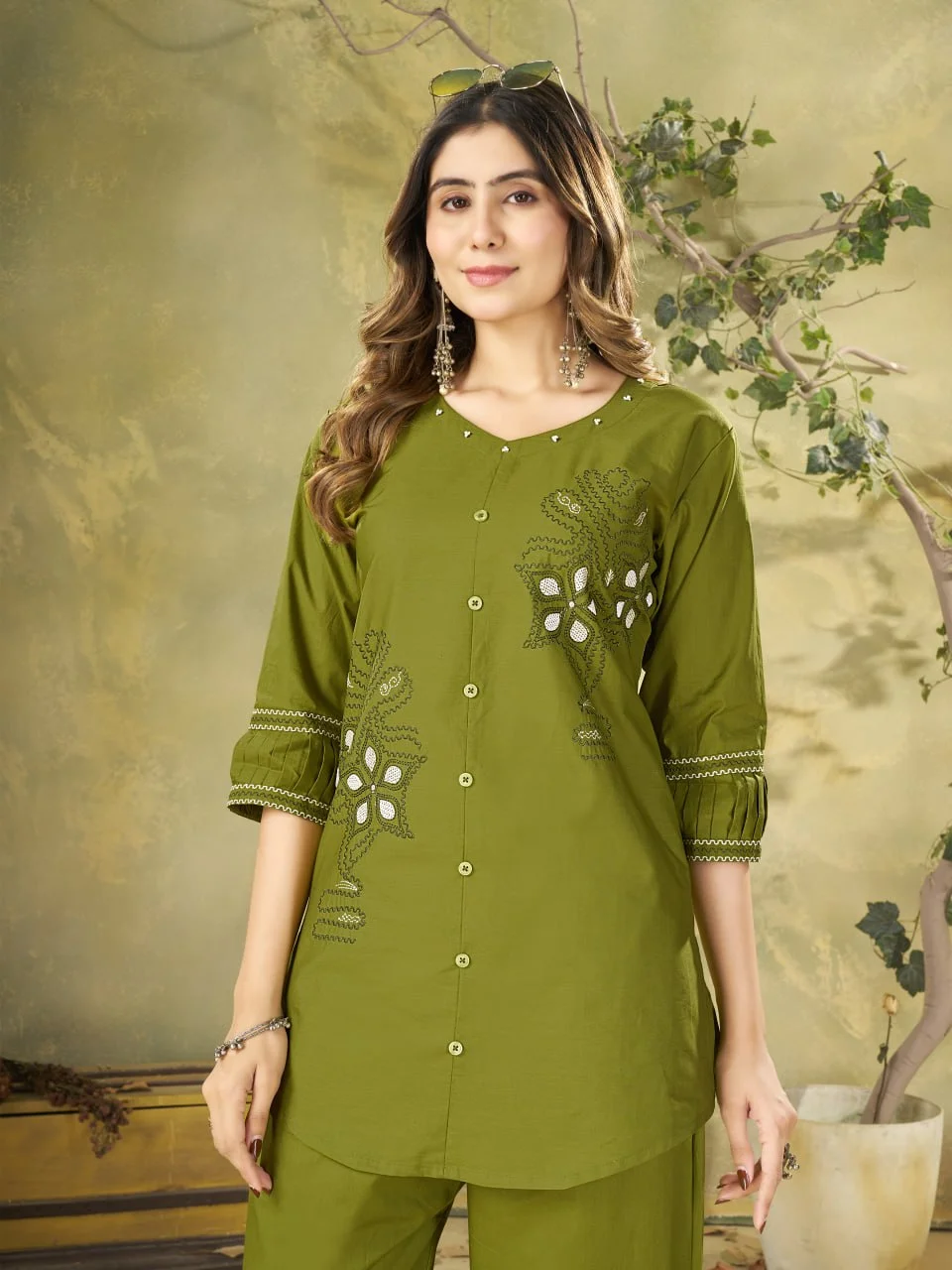 Women's Pure Cotton Embroidered Top Pant Set in Mehendi Green — photo 3 of 7