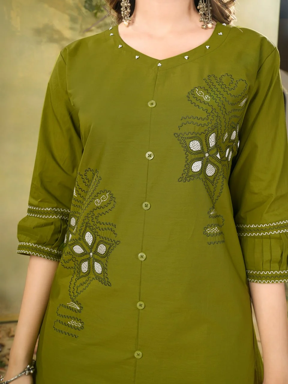 Women's Pure Cotton Embroidered Top Pant Set in Mehendi Green — photo 4 of 7