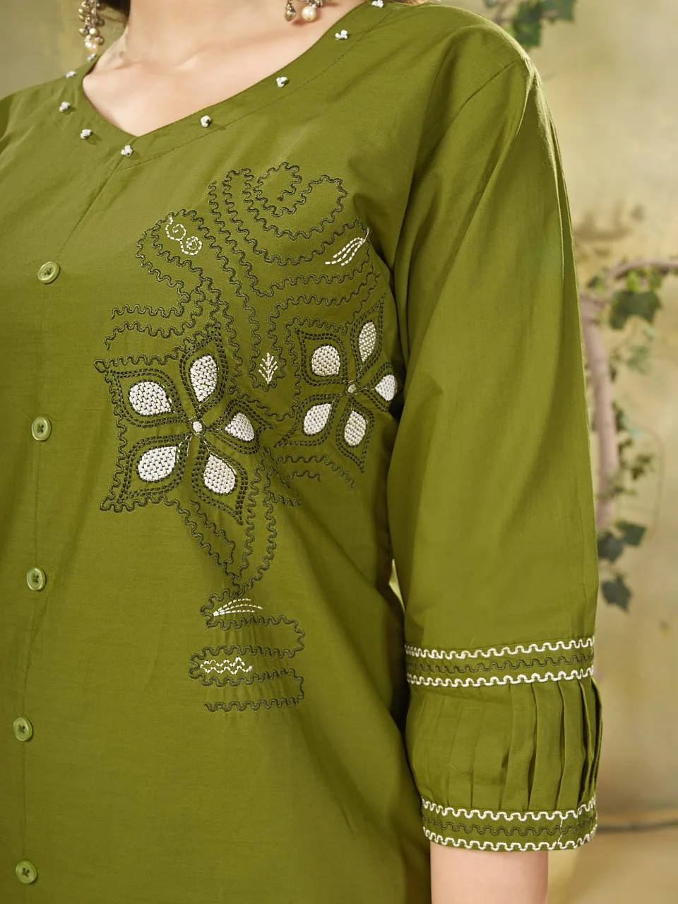 Women's Pure Cotton Embroidered Top Pant Set in Mehendi Green — photo 5 of 7