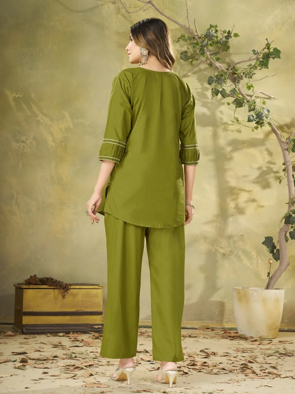 Women's Pure Cotton Embroidered Top Pant Set in Mehendi Green — photo 7 of 7