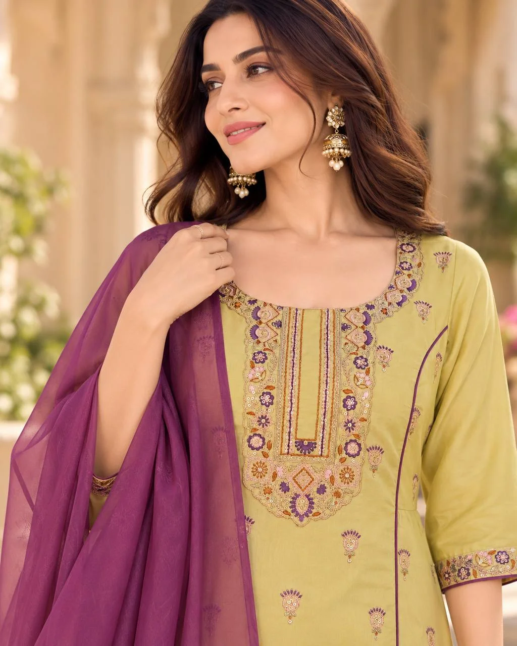 Women's Teshla Silk Long Top Palazzo Set in Mustard — photo 3 of 4