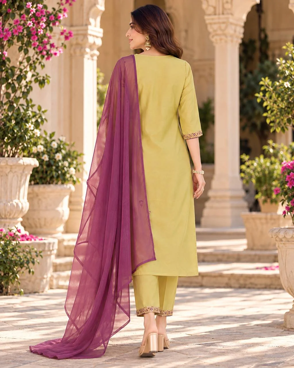 Women's Teshla Silk Long Top Palazzo Set in Mustard — photo 4 of 4