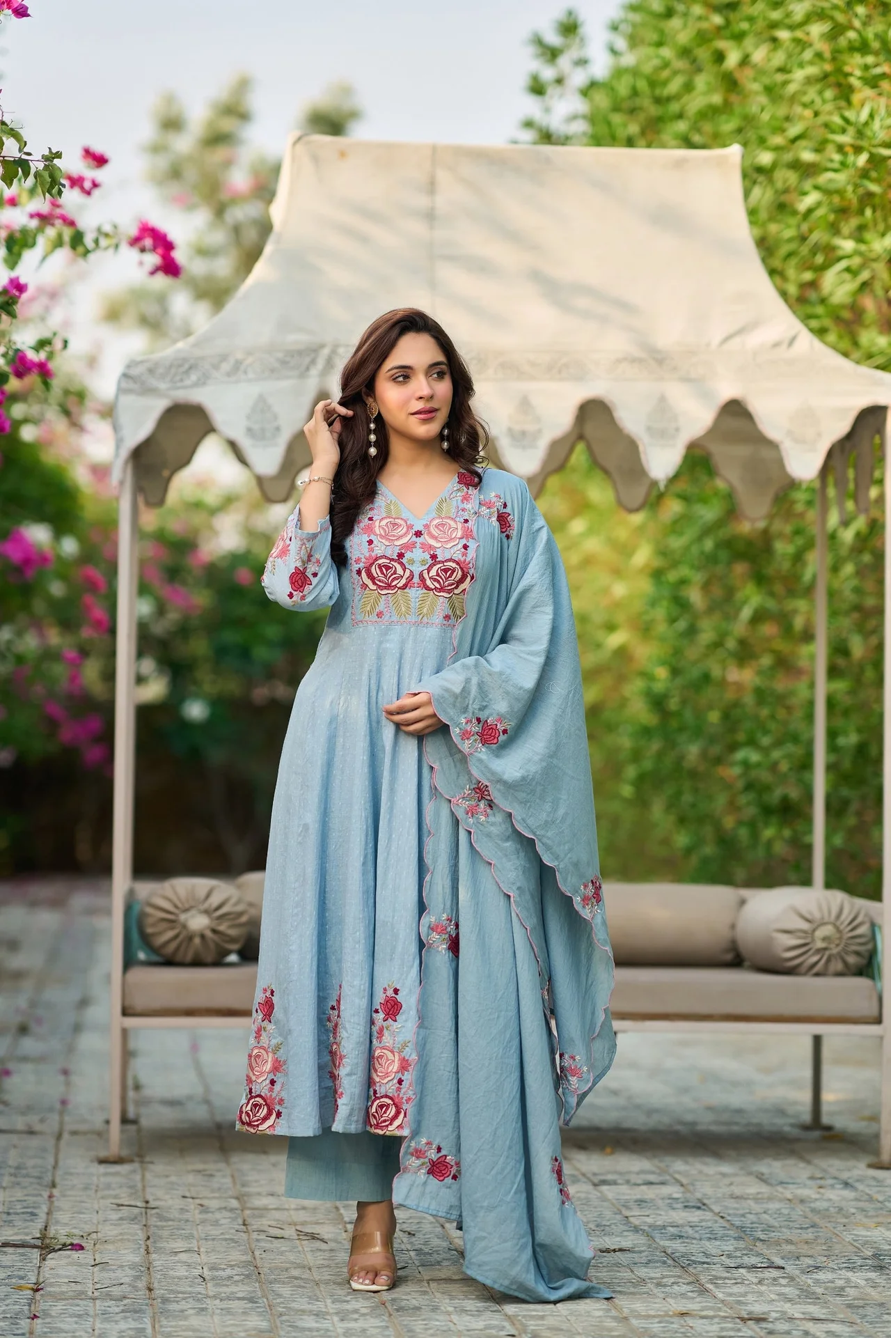 Sky Blue Floral Embroidered Anarkali Suit with Dupatta — photo 3 of 10