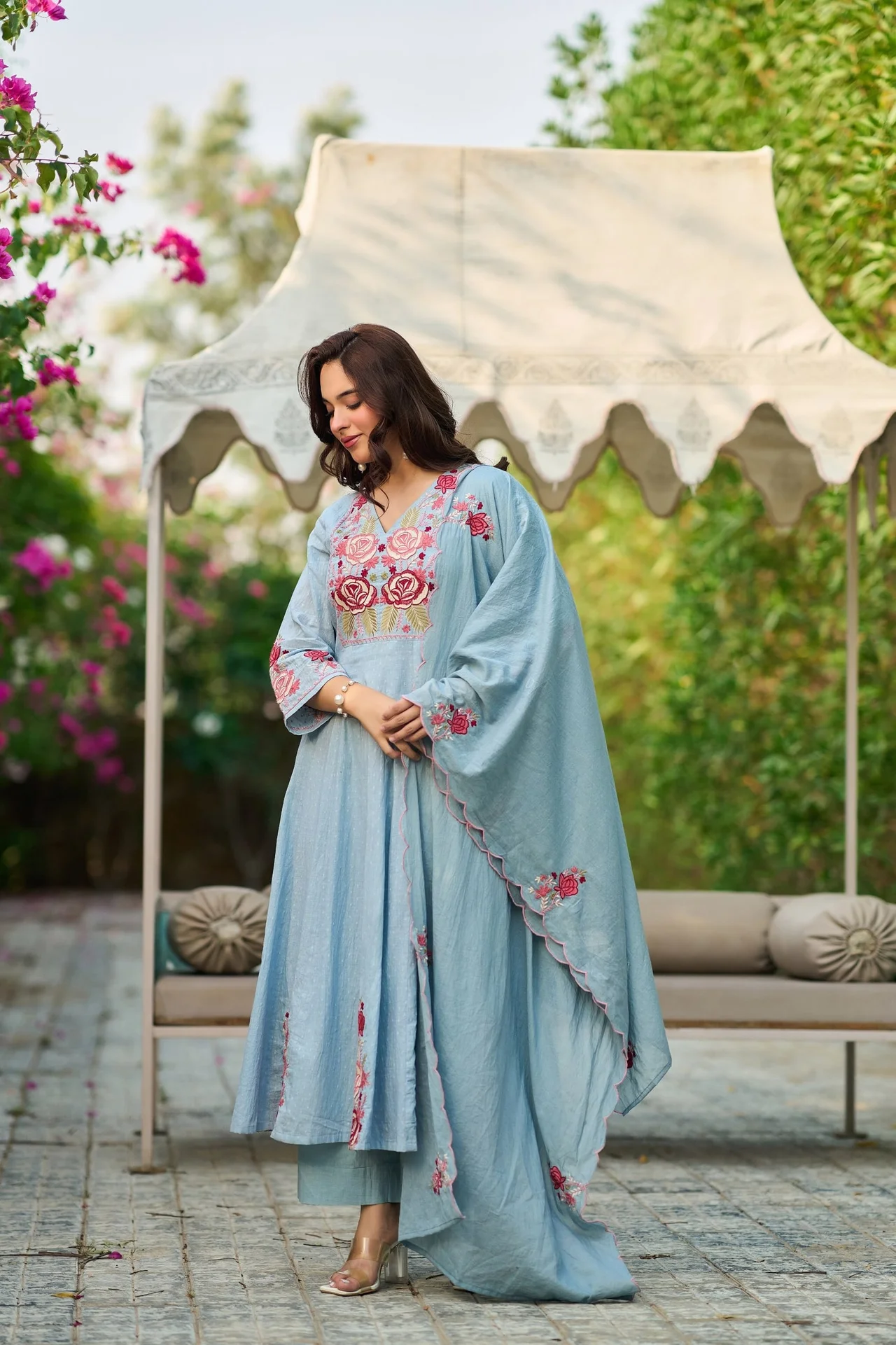 Sky Blue Floral Embroidered Anarkali Suit with Dupatta — photo 4 of 10