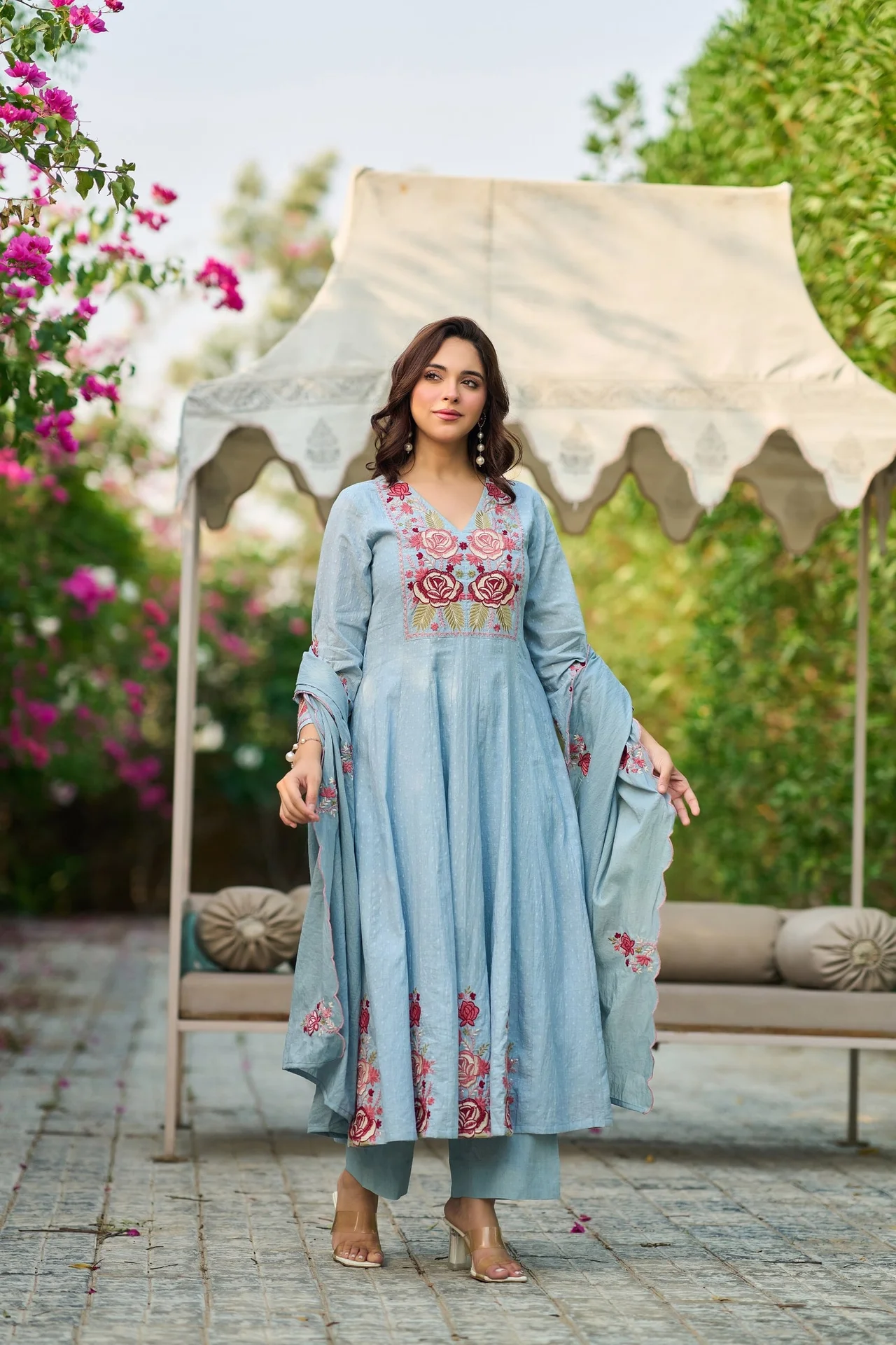Sky Blue Floral Embroidered Anarkali Suit with Dupatta — photo 5 of 10