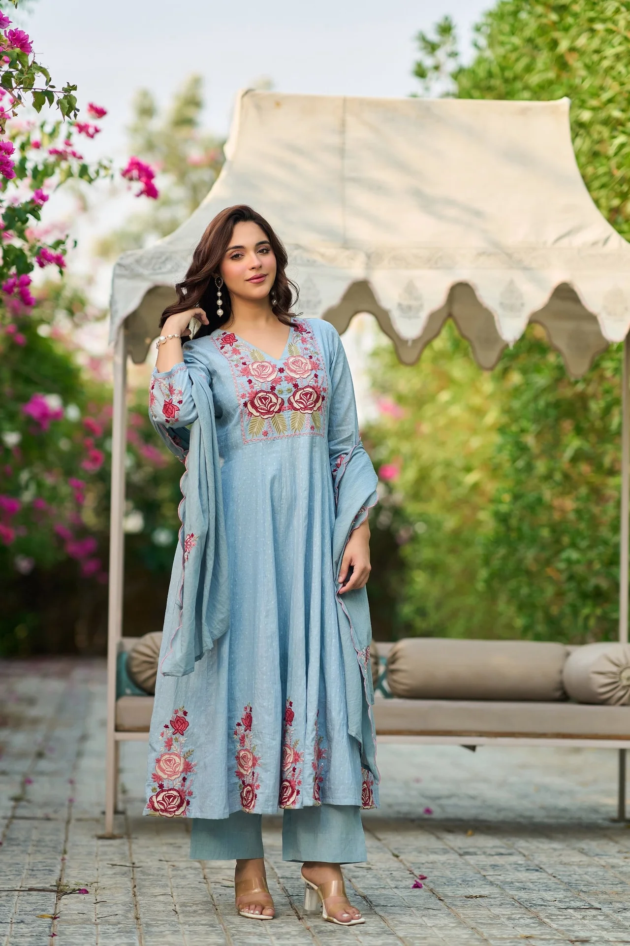 Sky Blue Floral Embroidered Anarkali Suit with Dupatta — photo 6 of 10