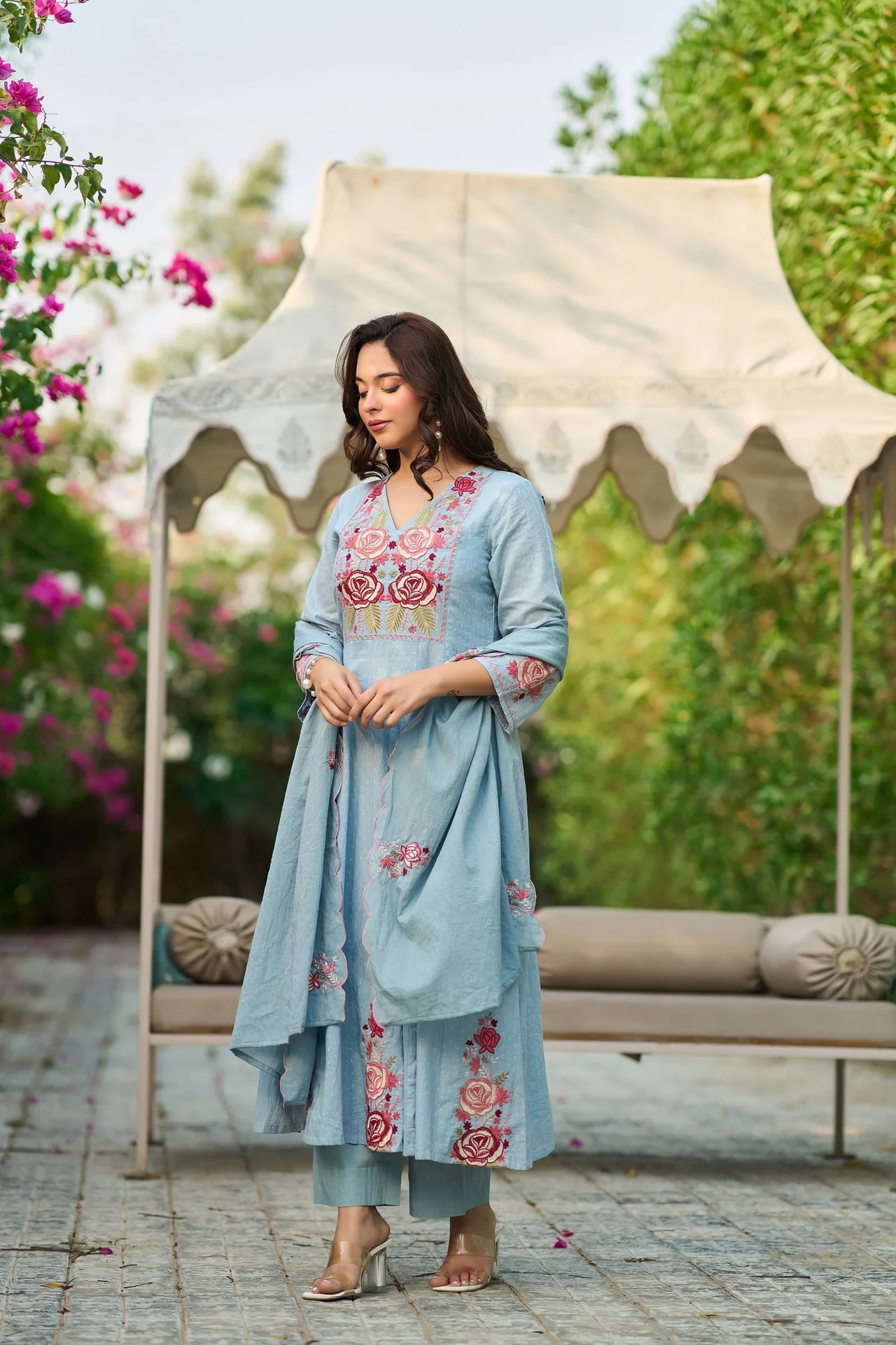 Sky Blue Floral Embroidered Anarkali Suit with Dupatta — photo 9 of 10
